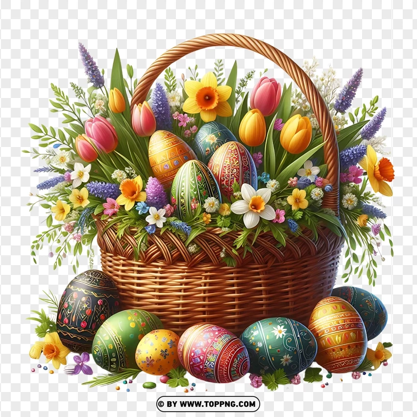 Hd Realistic Colorful Easter Eggs Spring Basket PNG Transparent Background