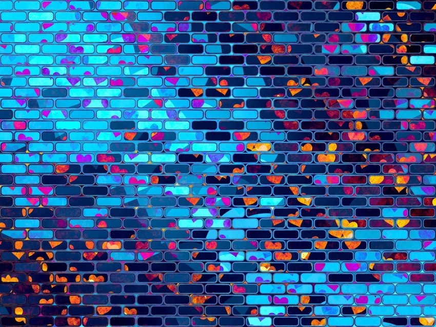 hearts, heart, brick, wall, colorful