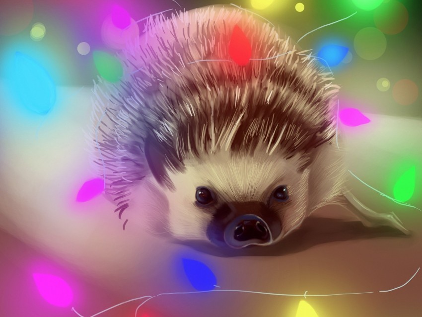 hedgehog, garland, art, glare, colorful