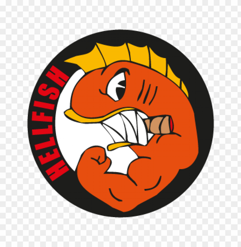 Hellfish logo, cartoon fish, muscular design, creative branding, colorful emblem