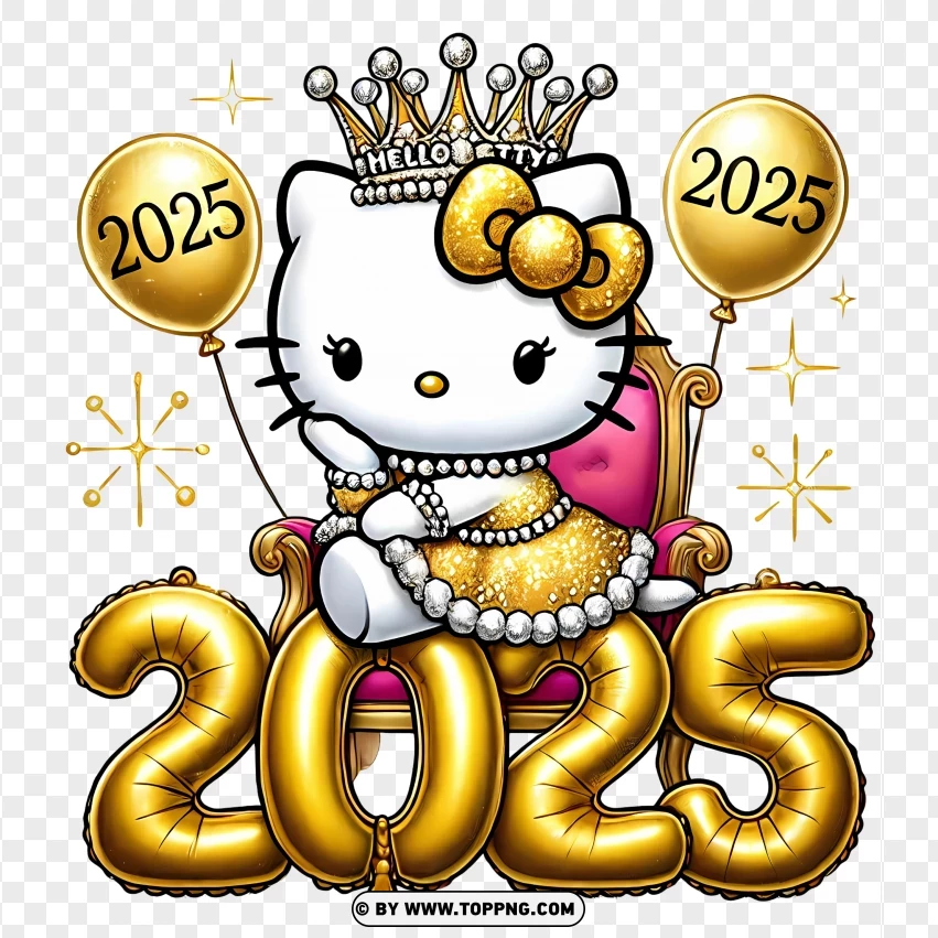 Royal Hello Kitty Celebrating 2025 With Golden Balloons And Throne PNG Transparent Background