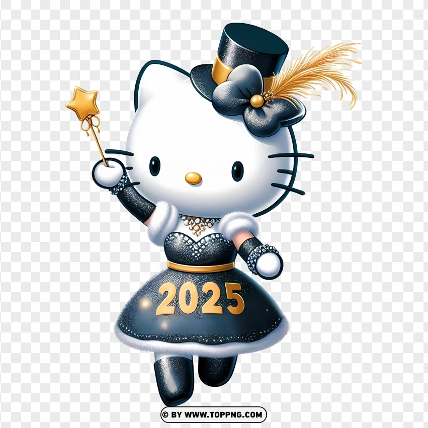 Hello Kitty Dressed As 2025 New Year Magician With Top Hat PNG Transparent Background