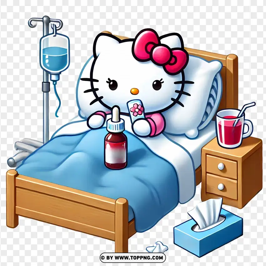 Hello Kitty Cartoon Resting In Hospital Bed PNG Transparent Background