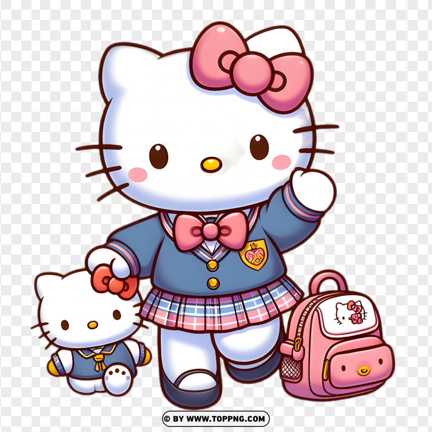 Hello Kitty wearing a school uniform, holding a doll and carrying a pink backpack, cartoon illustration with transparent background