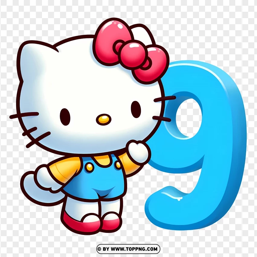 Hello Kitty Leaning Against Number 9 Whimsical And Festive Design PNG Transparent Background