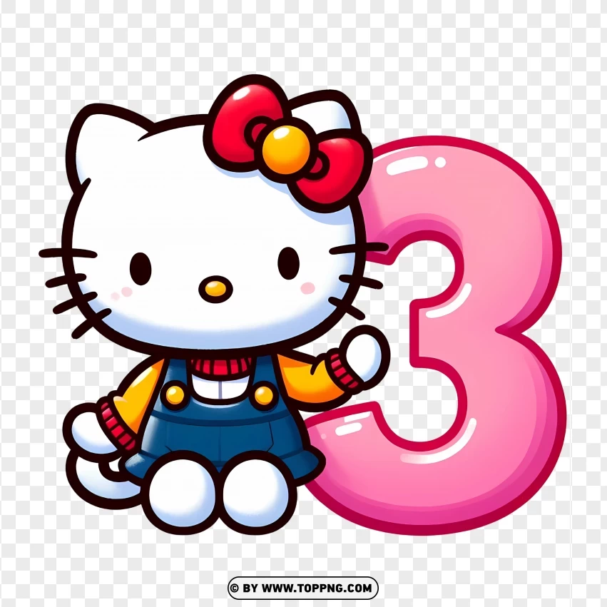 Hello Kitty Posing With Number 3 Ideal For Third Birthday Celebrations PNG Transparent Background