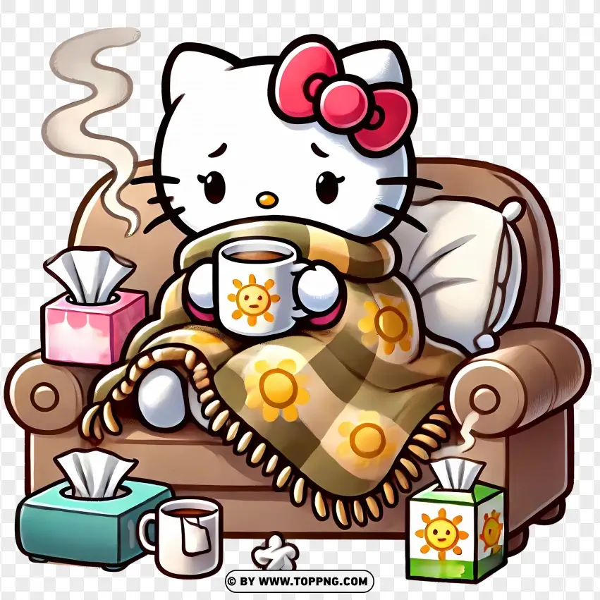 Hello Kitty Cartoon Relaxing With Tea And Blanket PNG Transparent Background