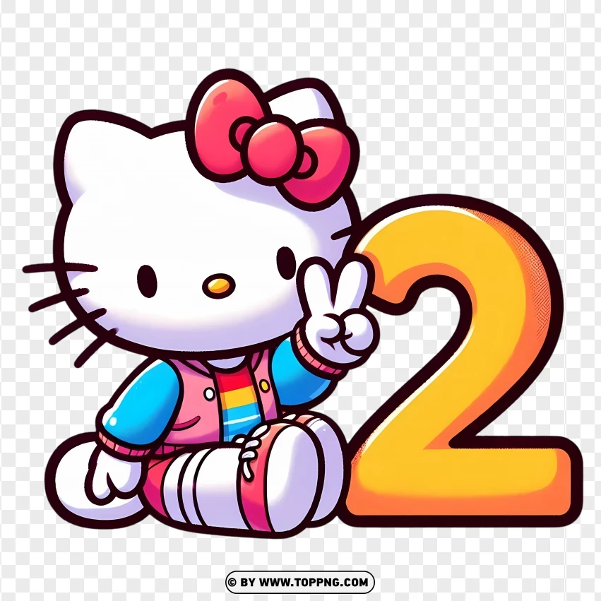 Hello Kitty With Peace Sign And Number 2 Design PNG Transparent Background