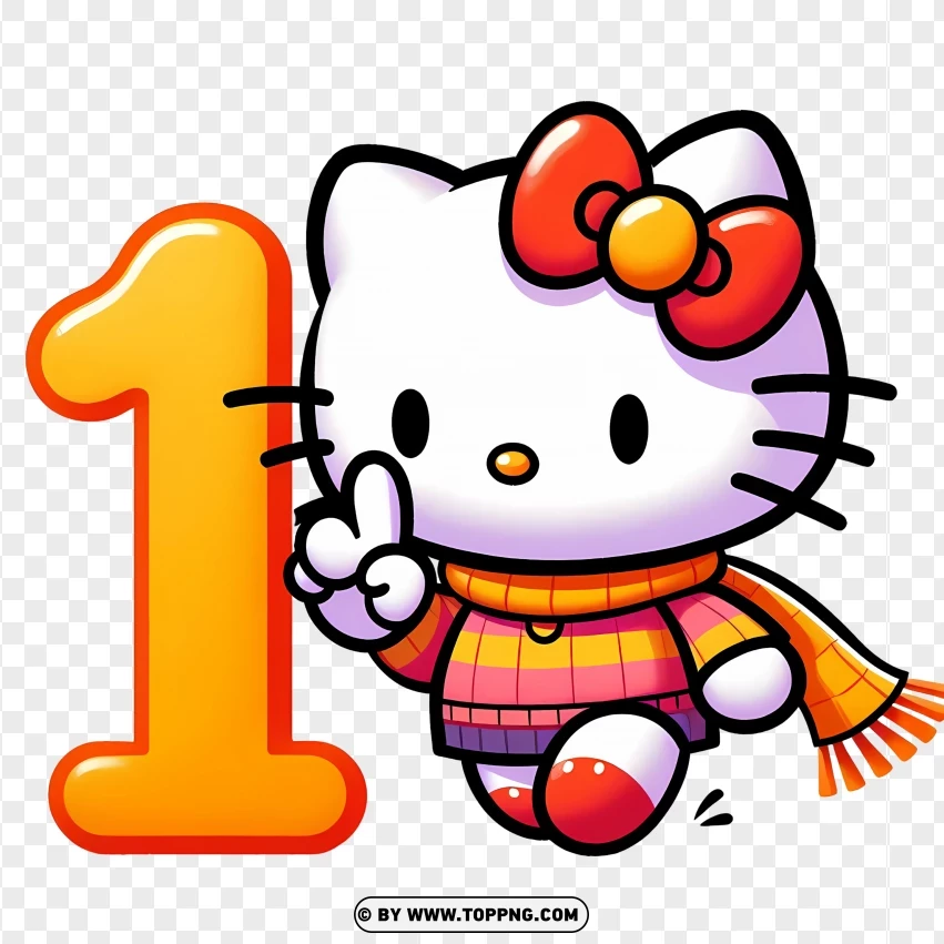 Hello Kitty In Winter Scarf With Number 1 Design PNG Transparent Background