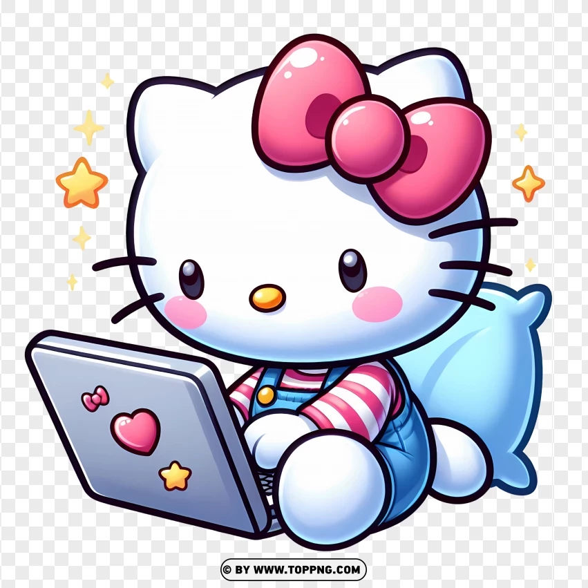 Hello Kitty Working On Laptop PNG Transparent Background