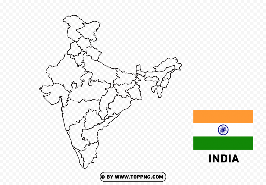 High-quality India Map With States Outline Black Image PNG Transparent Background