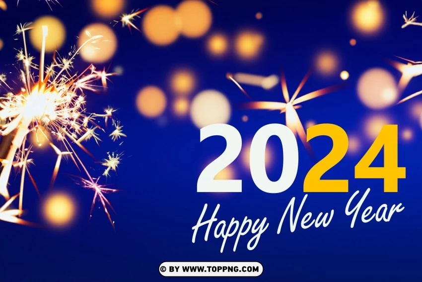 High-quality New Year 2024 Greeting Card Sparklers And Bokeh Lights On A Dark Blue Night Sky PNG Transparent Background