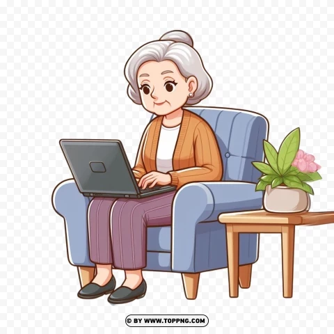 High Quality Of Elderly Woman Sitting In A Chair With A Laptop PNG Transparent Background