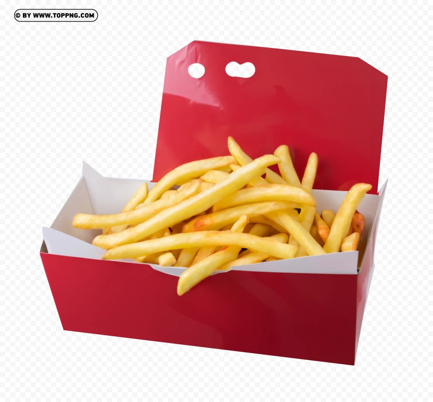 High Resolution Crispy French Fries In Red Kraft Box PNG Transparent Background