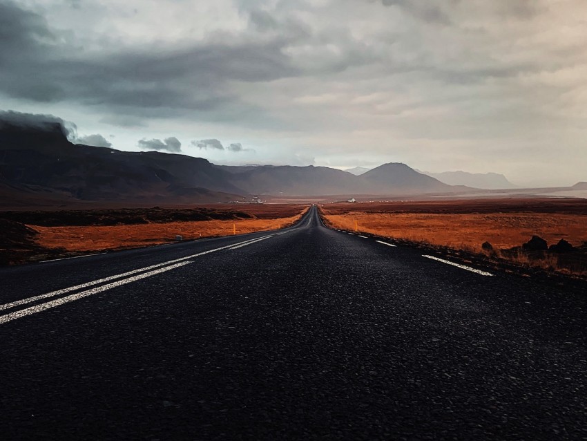 highway, deserted, iceland, asphalt, clouds, relief, north