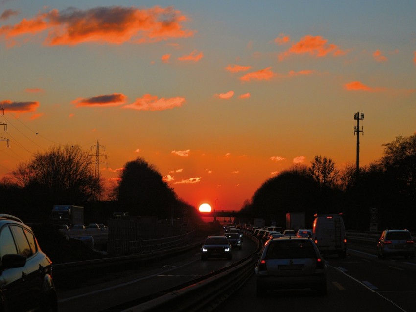 highway, traffic, sunset, road, transportation