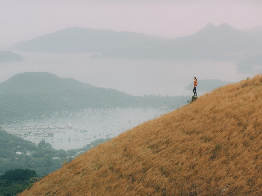 hill, girl, view, bay, fog