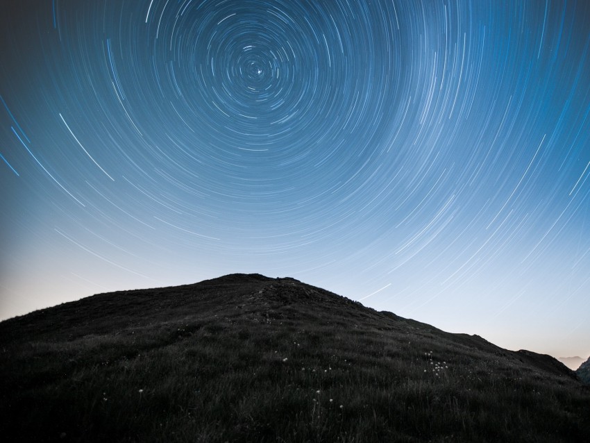 Hill Mountains Starry Sky Long Exposure Stars Motion Background