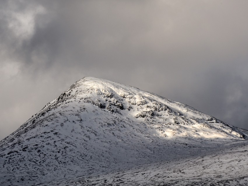 hill, peak, snowy, sky, clouds, gray