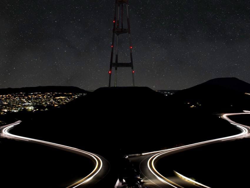 hill, tower, night, lights, road, dark