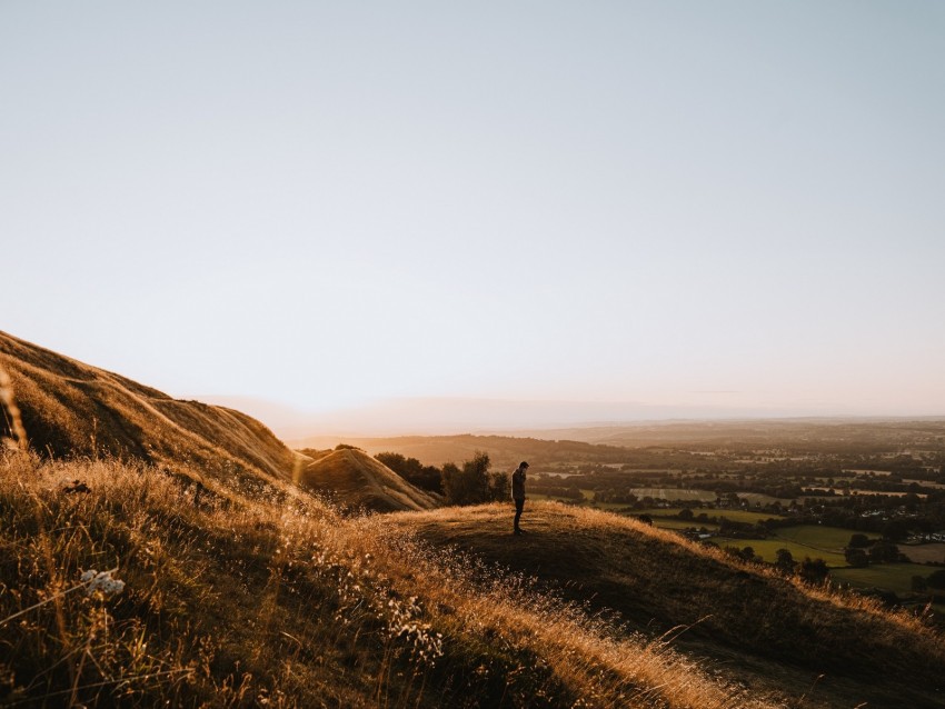 hills, man, silhouette, sunset, landscape