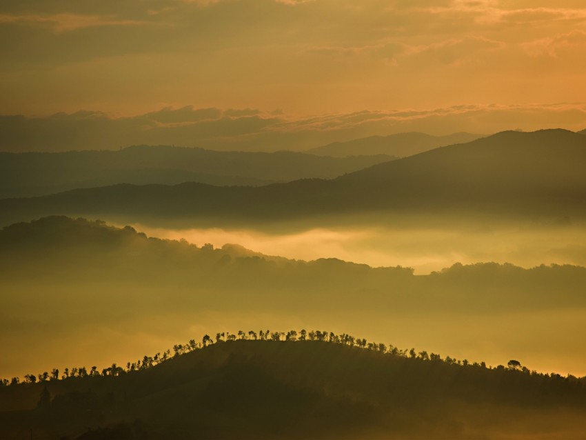 hills, mountains, fog, clouds, trees, sky