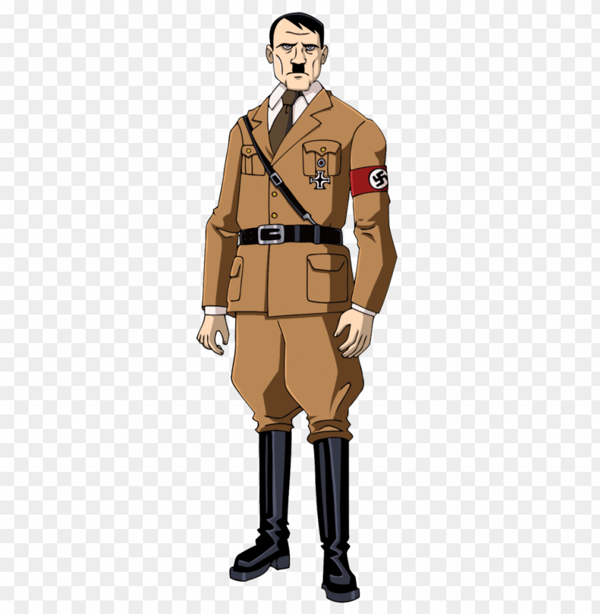 Cartoon depiction of a soldier in Nazi uniform with an armband.