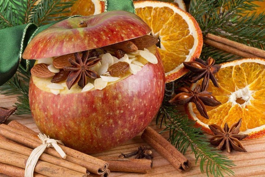 apple, dried oranges, almonds, star anise, cinnamon sticks, holiday snacks, festive decorations