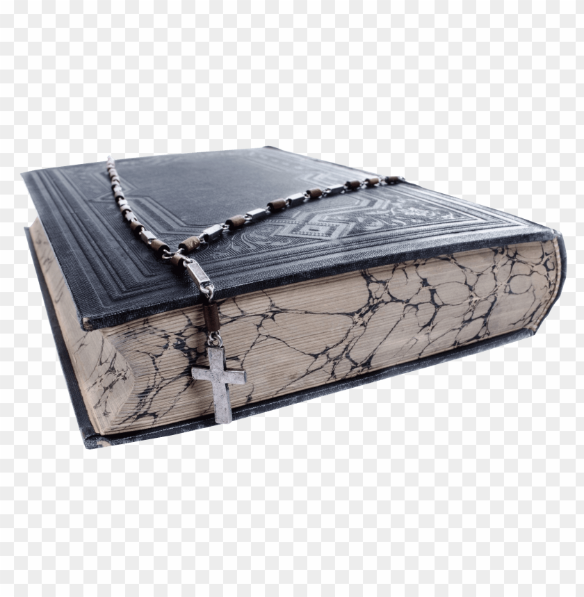 An old book with a rosary laid on top, showcasing a black cover and cross.