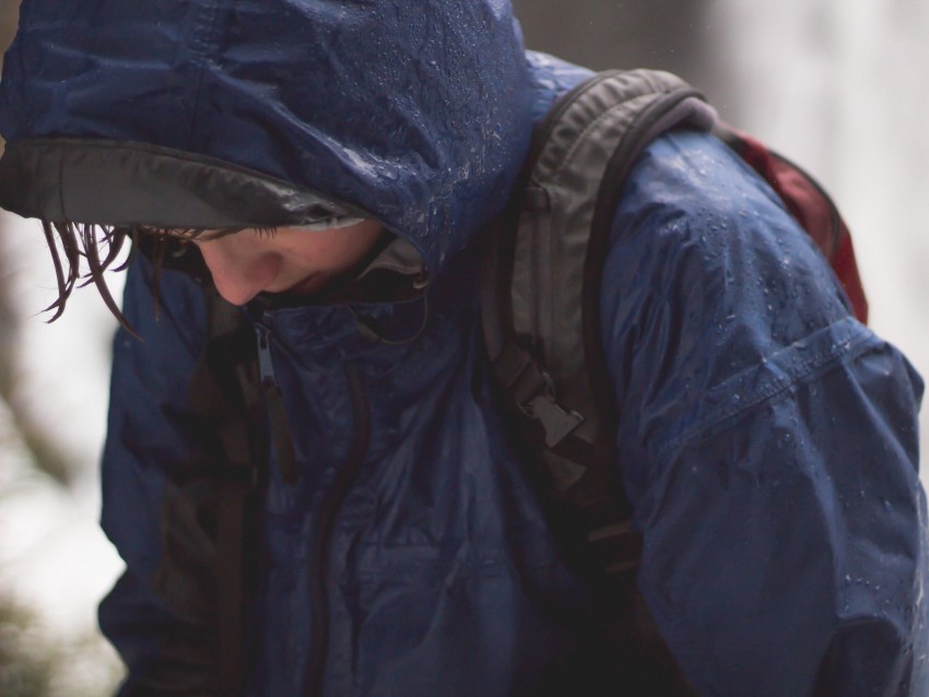 hood, face, wet, rain, jacket