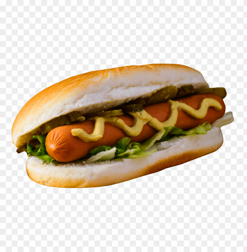 hot dog, sausage, sandwich, mustard, pickles, lettuce, bun