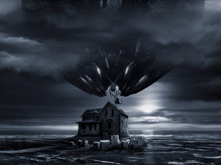 house, aerostat, surrealism, art, gloomy