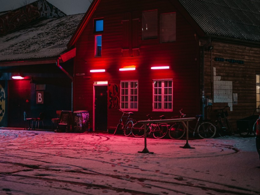 House Bicycles Winter Light Red Background