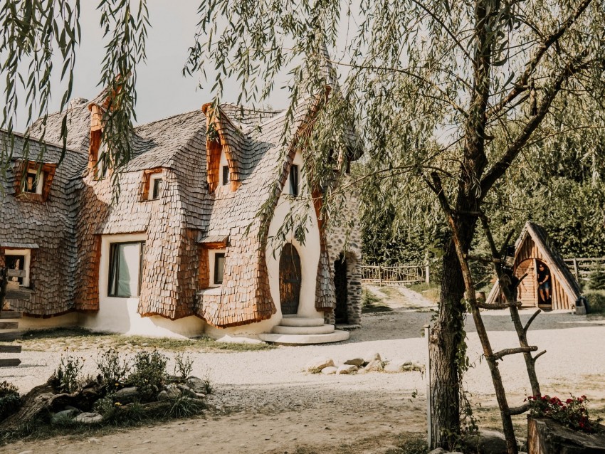 house, building, architecture, trees, willows