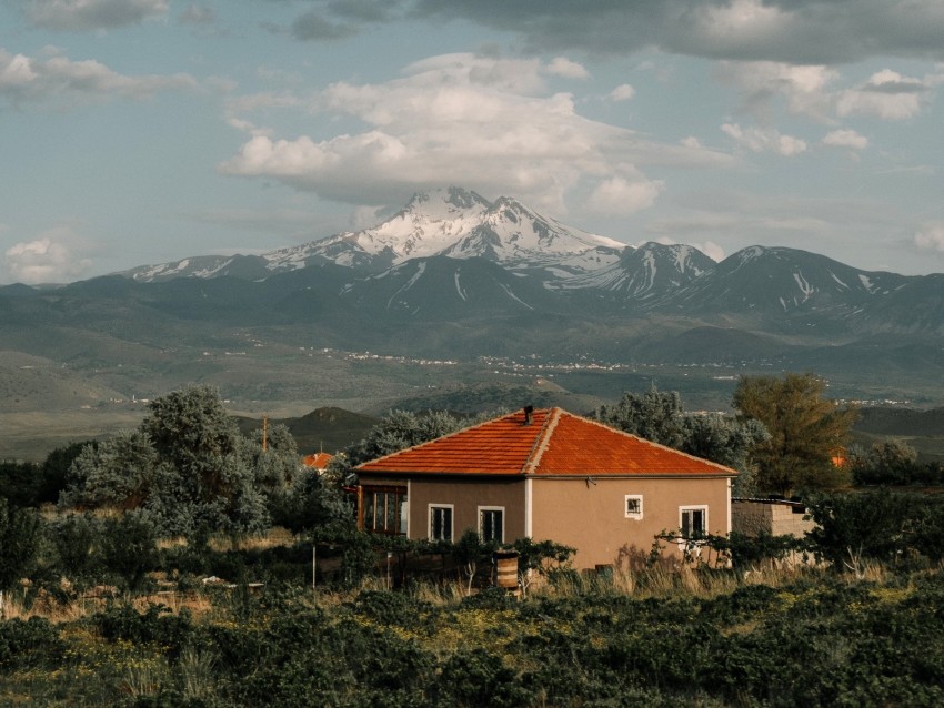 house, mountains, clouds, landscape, country