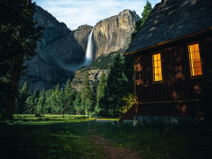 house, mountains, landscape, trees, sky