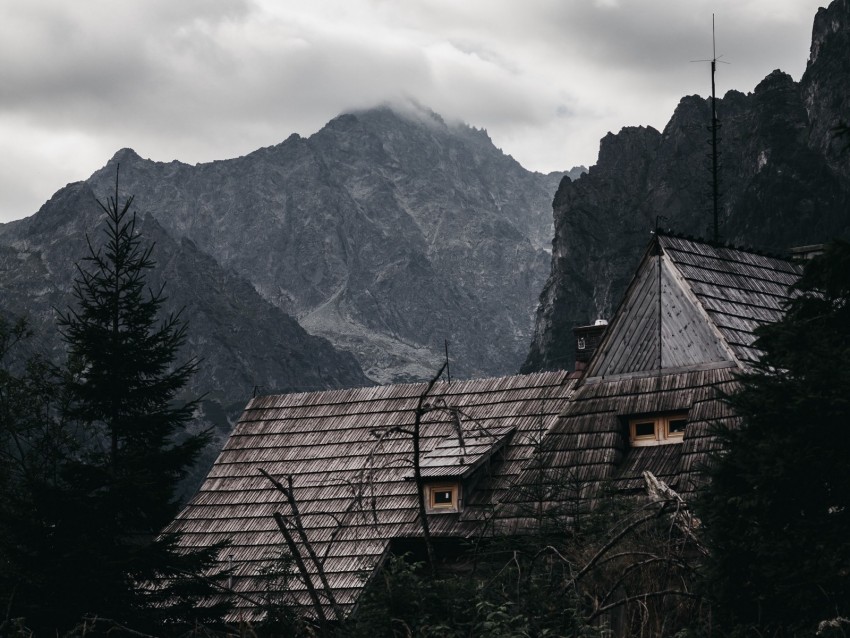 house, mountains, nature, trees, grass