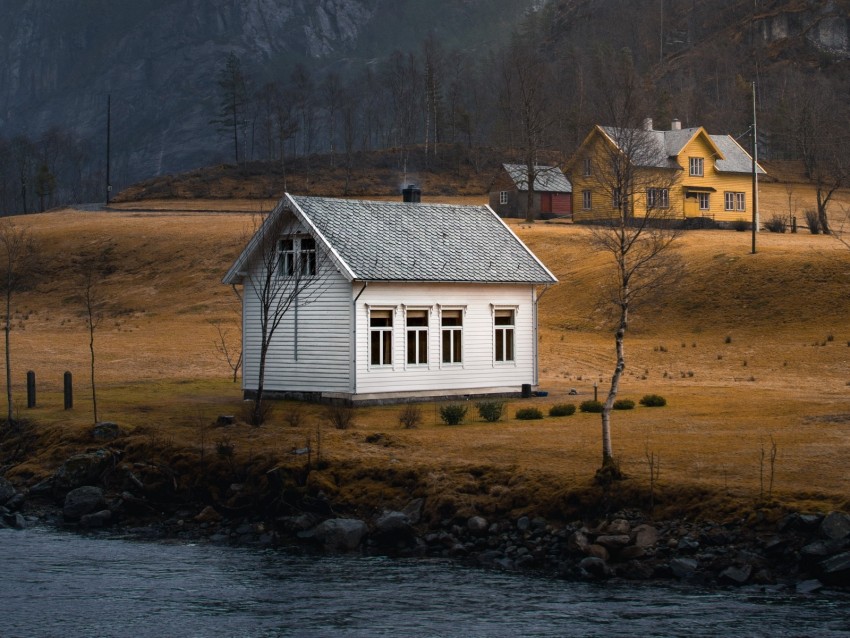 house, mountains, river, trees, landscape