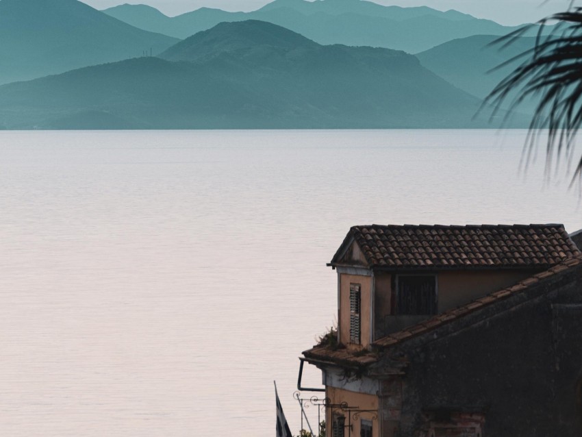 house, sea, mountains, fog, building, shore