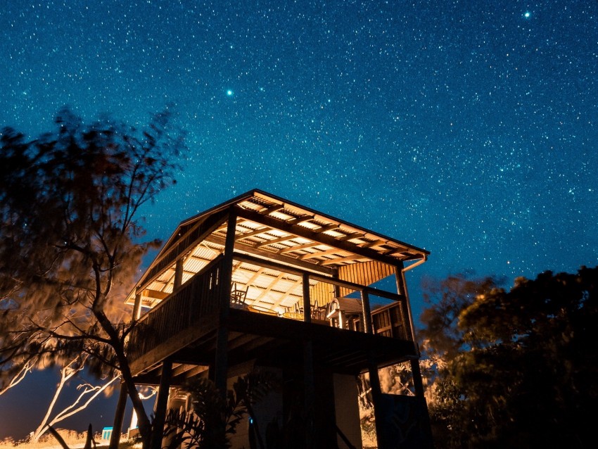 house, starry sky, stars, night