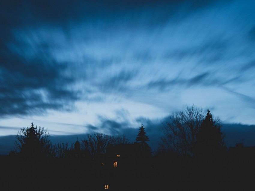 House Trees Night Sky Outlines Twilight Background