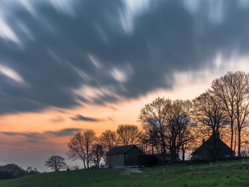 house, trees, sunset, sky, grass