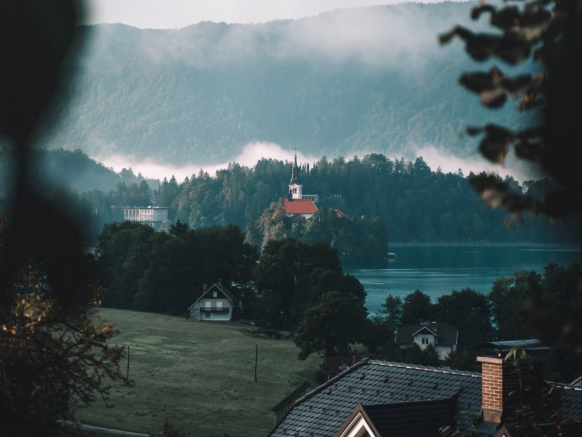 houses, buildings, lake, mountains, nature