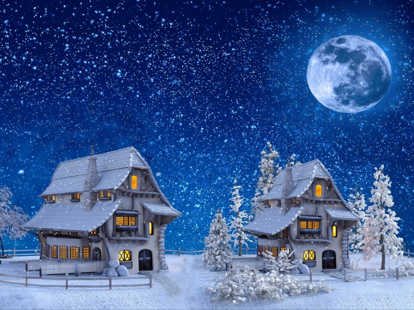 houses, winter, snow, moon, toy