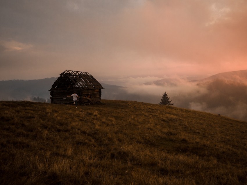 hut, ruins, man, mountains, lonely, abandoned