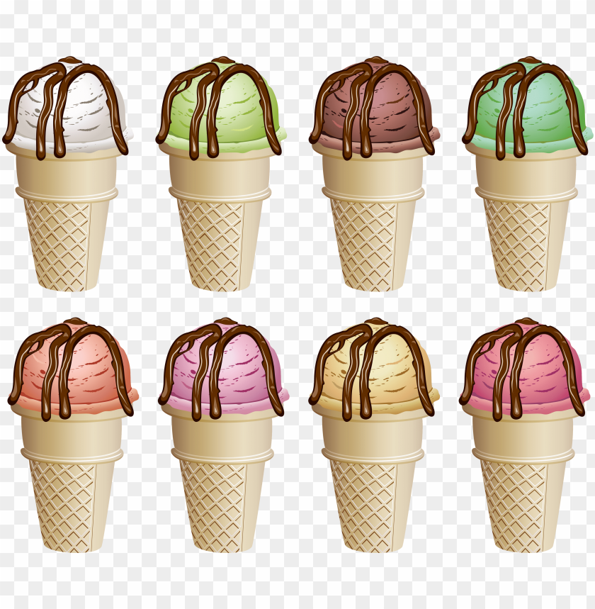 Nine colorful ice cream cones with chocolate fudge topping on a transparent background.