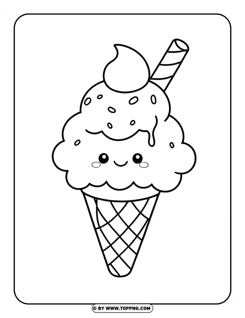 Ice Cream Kawaii Coloring Page PNG Transparent Background