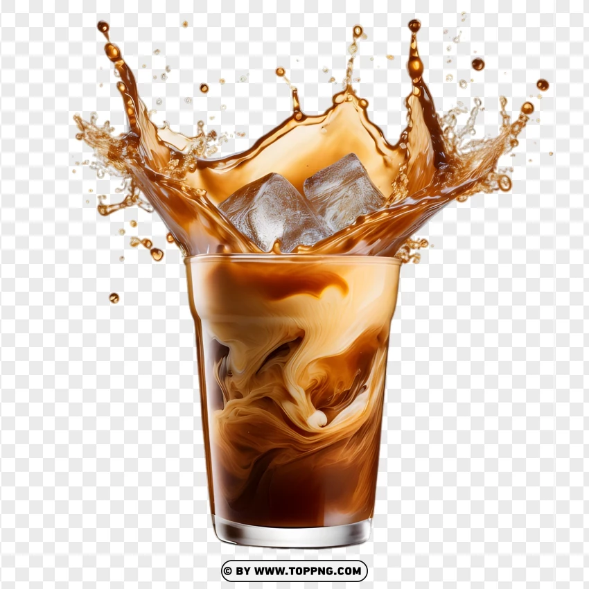 Iced Coffee Splash With Milk And Ice Cubes PNG Transparent Background