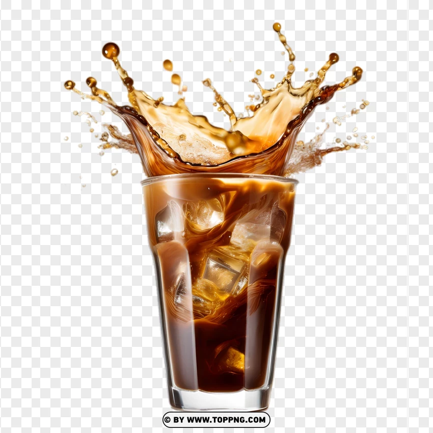 Iced Coffee Splash With Milk Swirl And Ice PNG Transparent Background