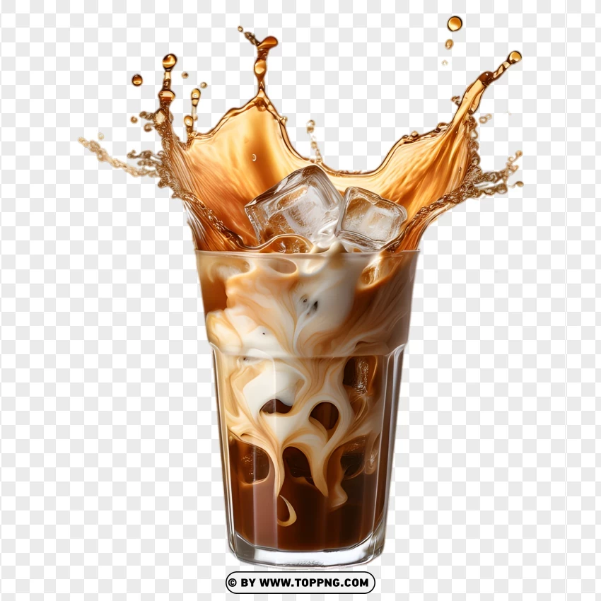 Iced Coffee With Milk Splash And Ice Cubes PNG Transparent Background